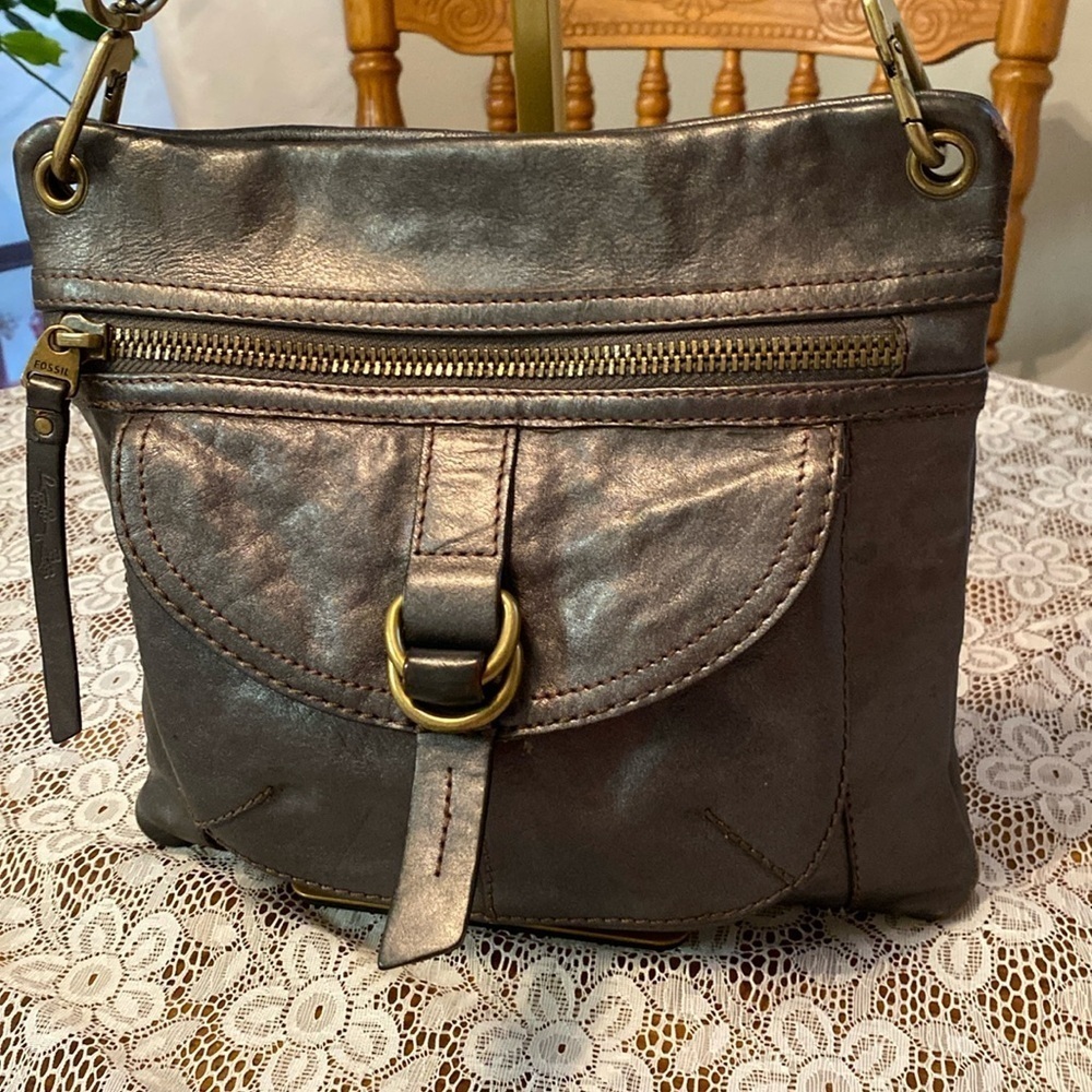 Fossil Leather Grey Rustic Crossbody Shoulder Bag Purse ~ Brass Hardware - Picture 6 of 14